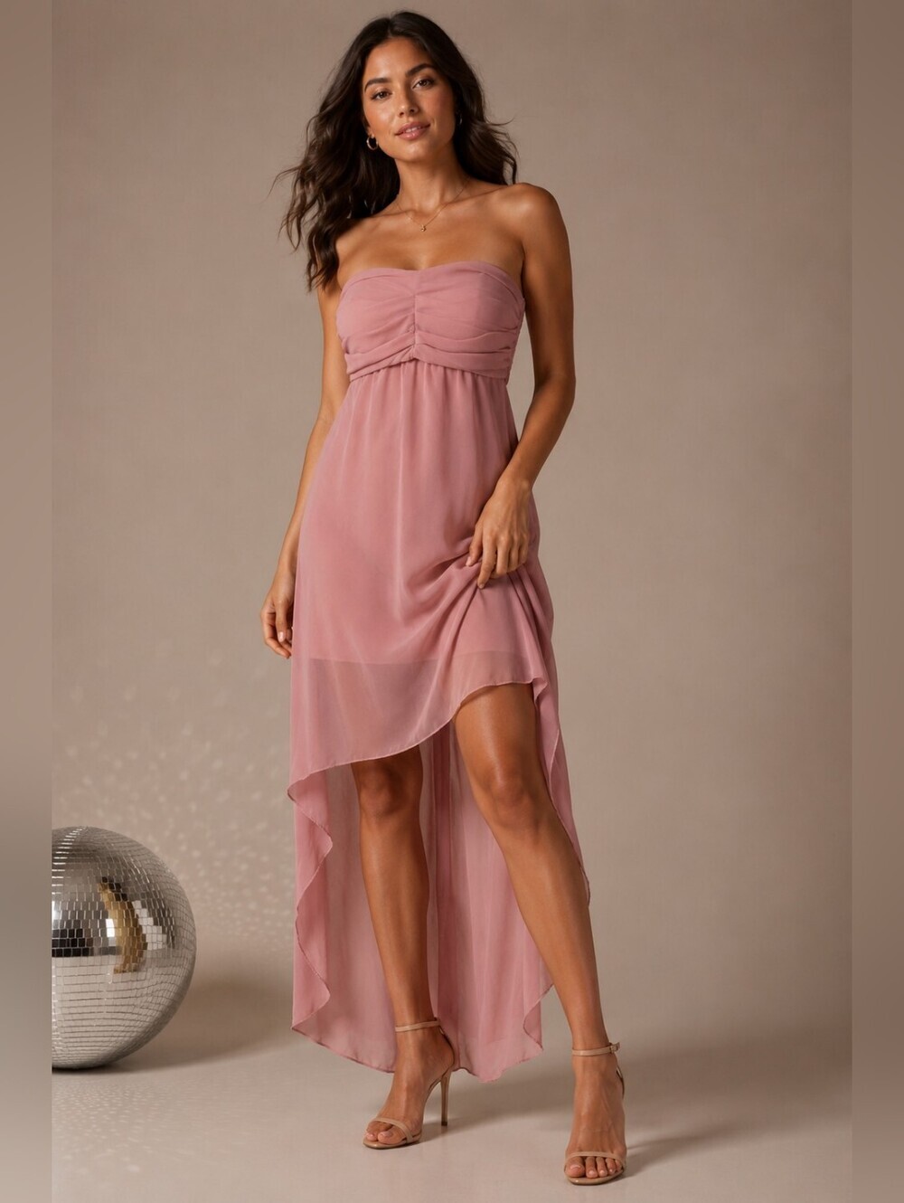 Blush Pink Strapless Hi-Low Chiffon Dress | Smocked Back | Size 6/8